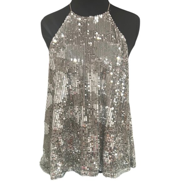 Zara Tops - Zara TRF Silver Sequin Halter Top | Large | Back Button Neck Closure | NWOT